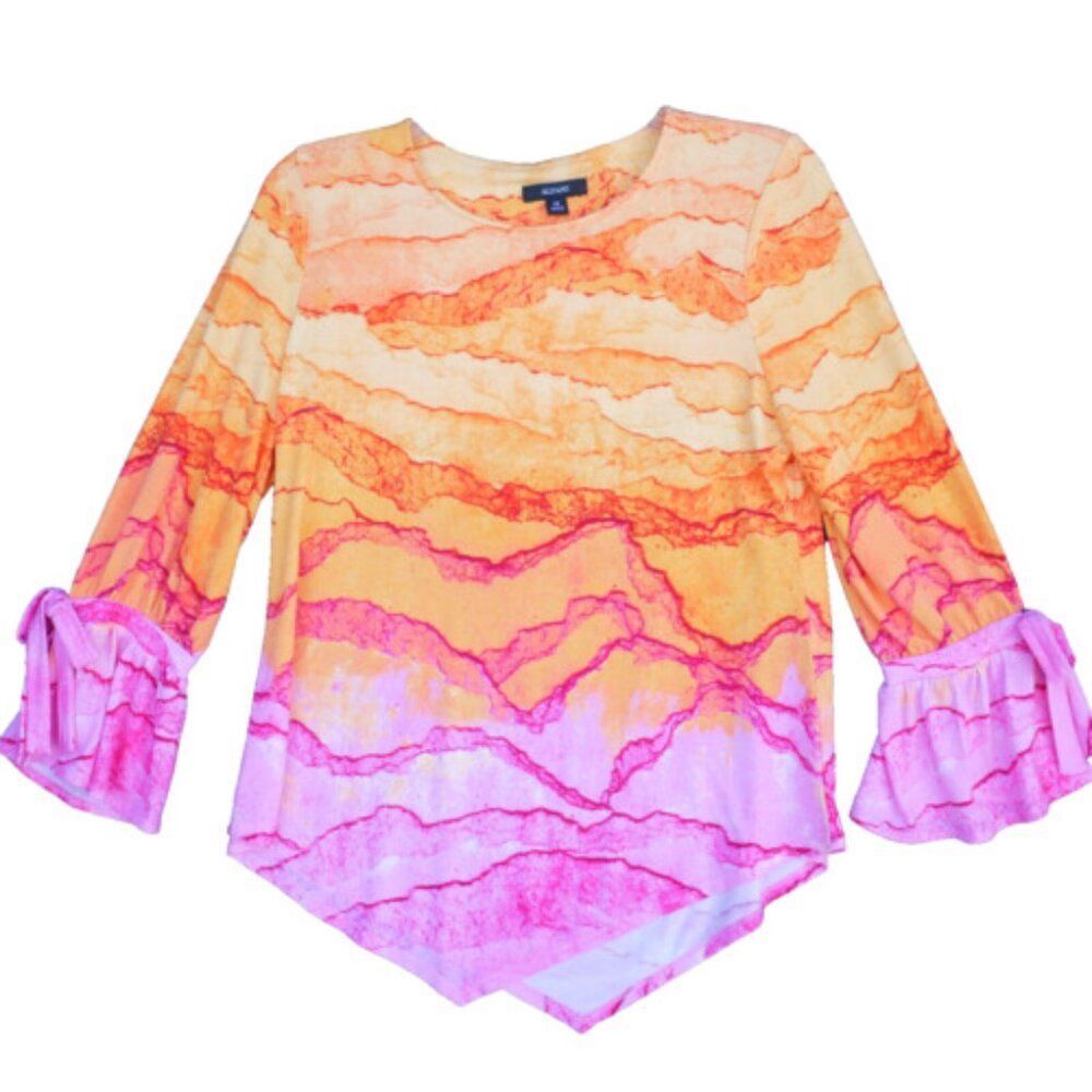 Alfani Ombre Top Women's Petite Size M 3/4 Sleeve Orange Pink V Hem Ruffle Cuff